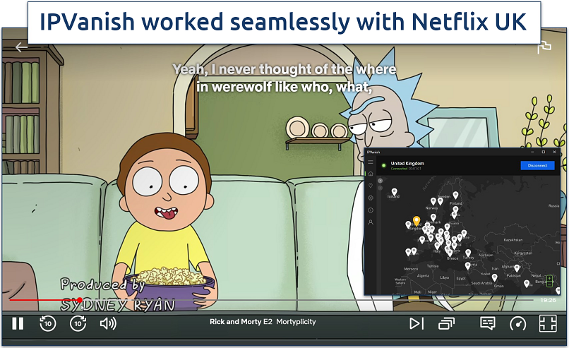 Screenshot of Rick and Morty streaming on Netflix UK with IPVanish connected