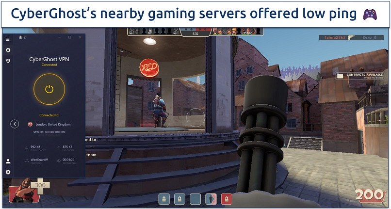 Screenshot of CyberGhost's London gaming server working to game lag-free on Steam