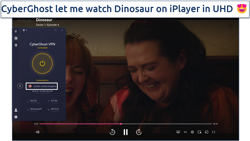 Screenshot of CyberGhost's BBC iPlayer streaming optimized server accessing BBC iPlayer