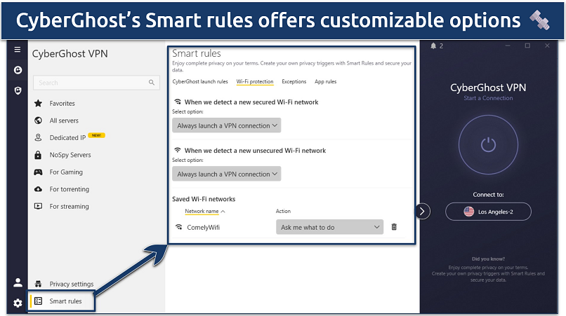 Screenshot of CyberGhost's Windows app showing Smart rules feature