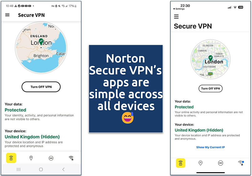 Screenshot of Norton Secure VPN's mobile apps 