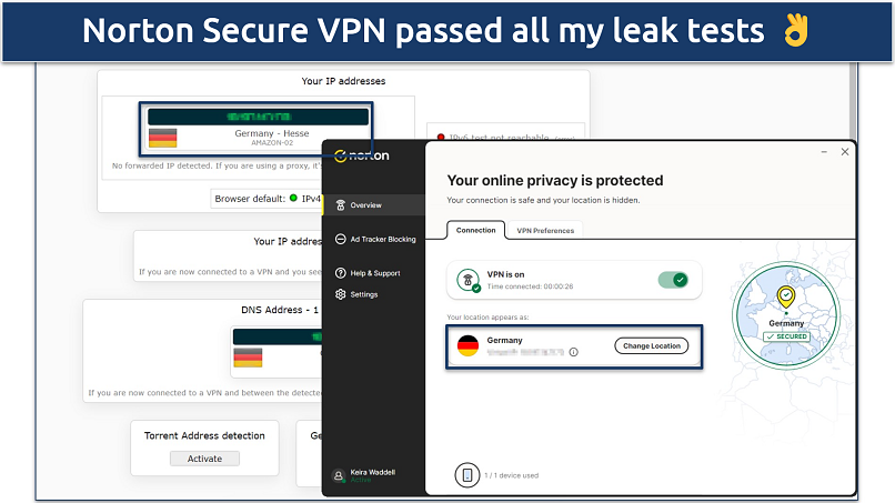 Screenshot of Norton Secure VPN passing leak test on ipleak.net