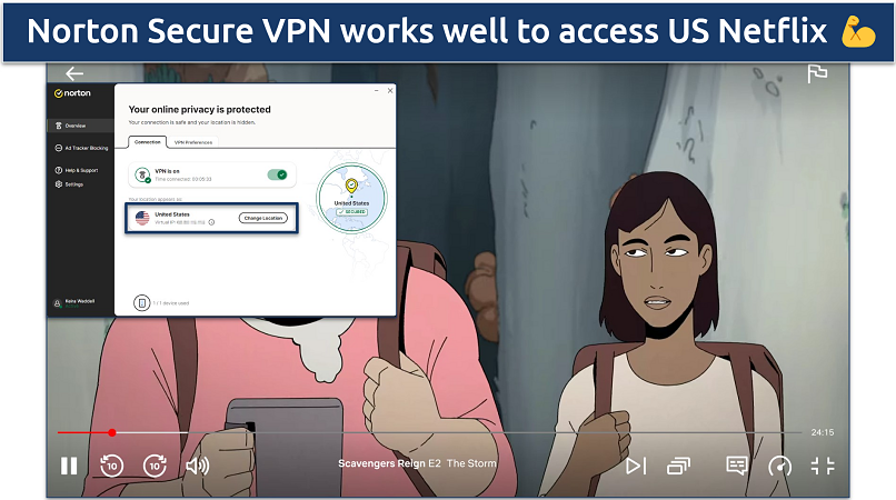 Screenshot of Norton Secure VPN accessing US Netflix