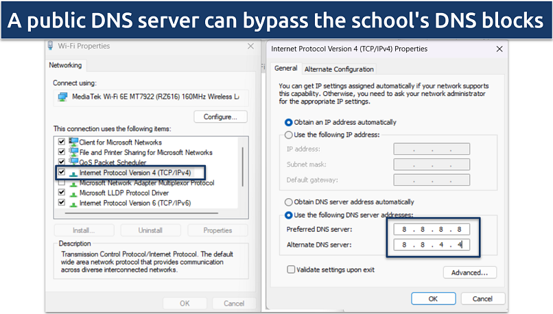 Screenshot showing how to change DNS on Windows