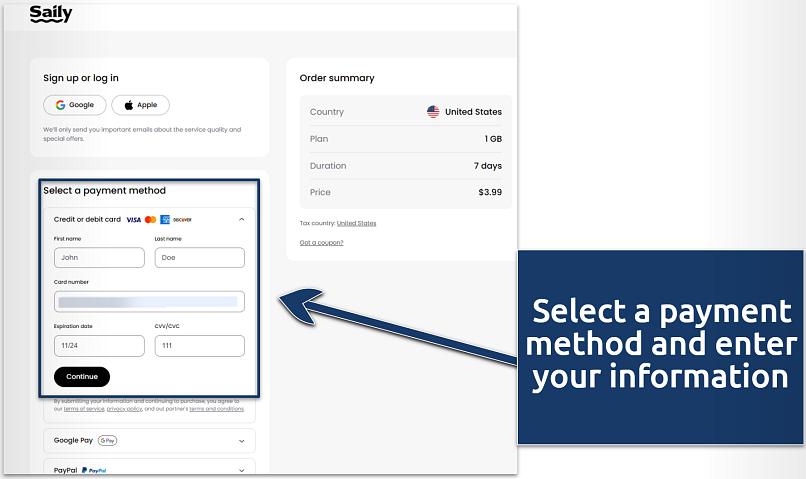 Screenshot showing payment screen for a Saily eSIM plan