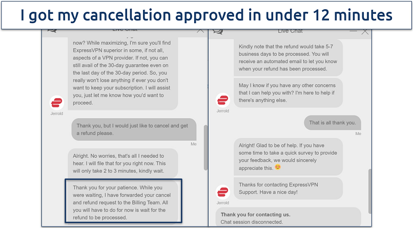 Screenshot of a conversation with ExpressVPN customer support where they approved our cancellation and refund