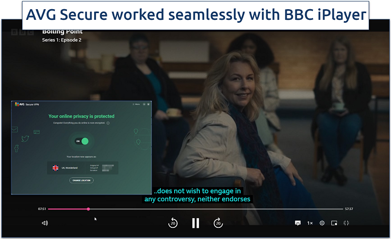 Screenshot of Boiling Point streaming on BBC iPlayer with AVG Secure VPN connected