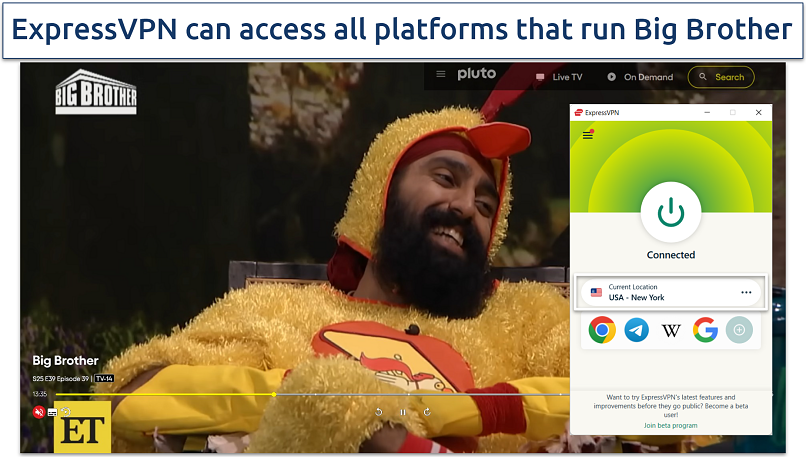 Screenshot showing Big Brother on Pluto TV working with ExpressVPN