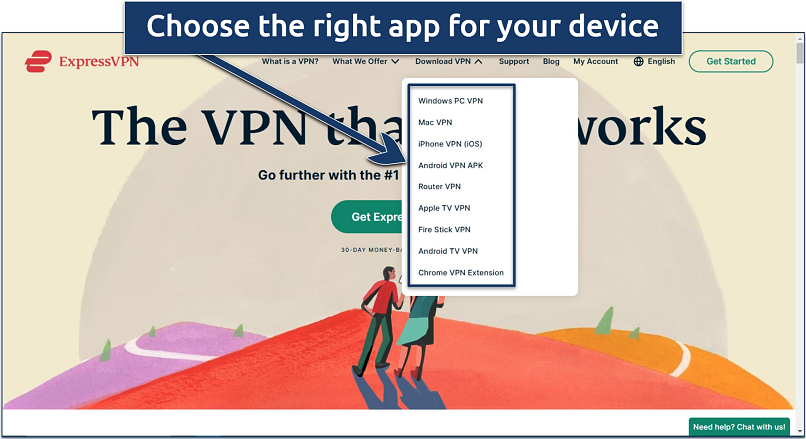 Screenshot of ExpressVPN's homepage with the option to download the VPN for specific devices