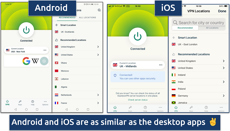 Screenshots of the Android and iOS ExpressVPN apps