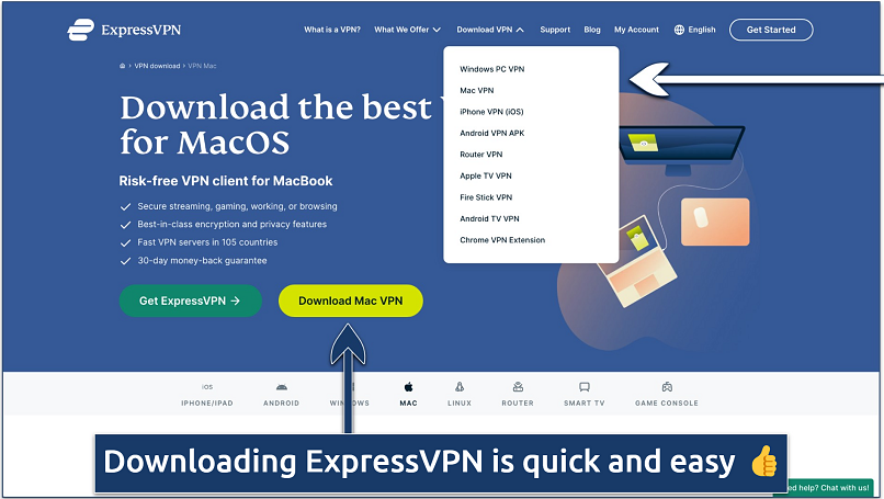Screenshot showing how to download ExpressVPN on the website