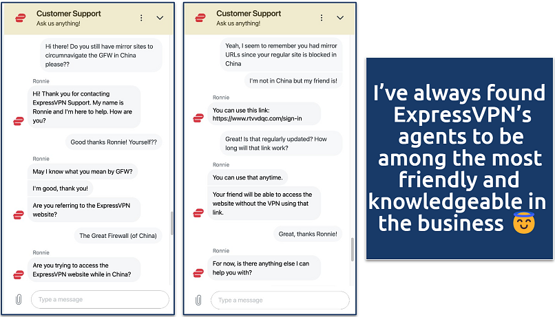 Screenshot showing a chat with the ExpressVPN customer service