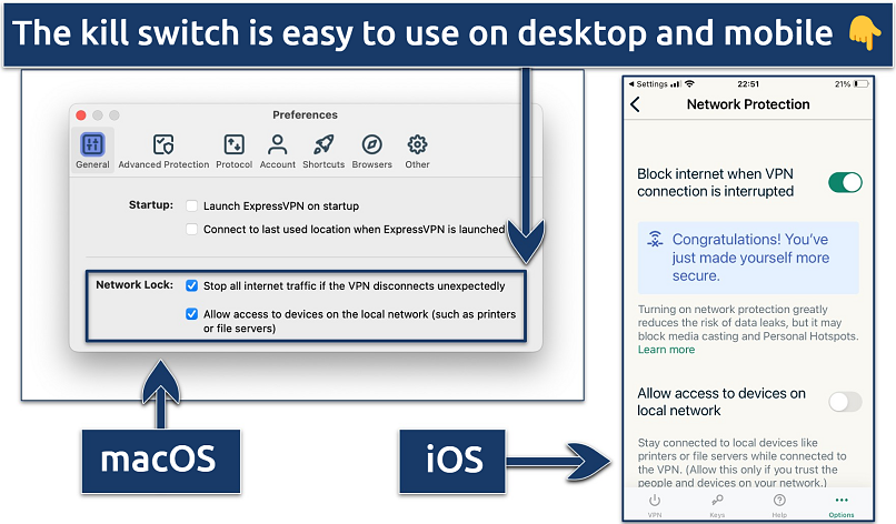 Screenshot showing how to activate the kill switch on ExpressVPN's desktop and mobile apps