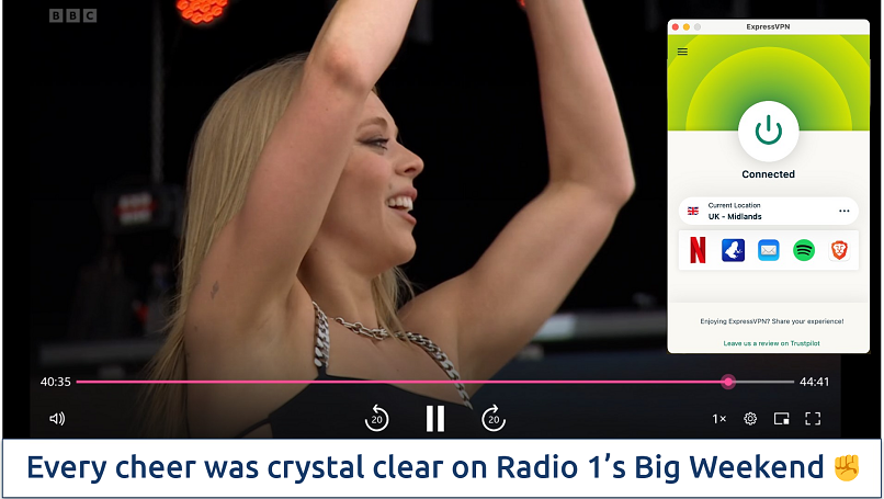 Screenshot showing the ExpressVPN app connected to a UK server over a browser streaming BBC iPlayer