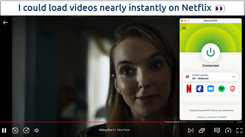 Screenshot showing the ExpressVPN app connected to a UK server over a browser streaming Netflix