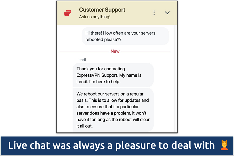 Screenshot showing a chat with the ExpressVPN Customer Support team