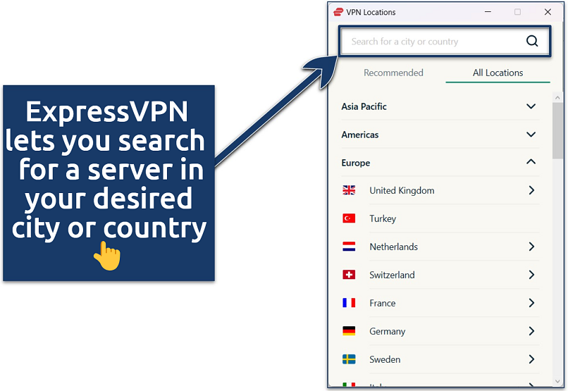  Screenshot showing how to search for a server location in ExpressVPN