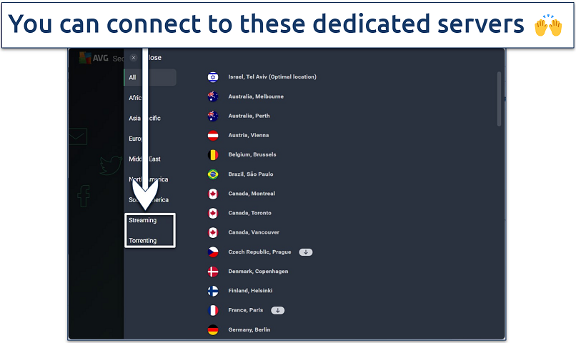 Screenshot showing AVG's server list