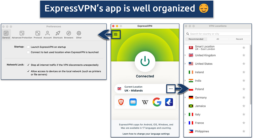 Screenshot showing the 3 main views of the ExpressVPN app