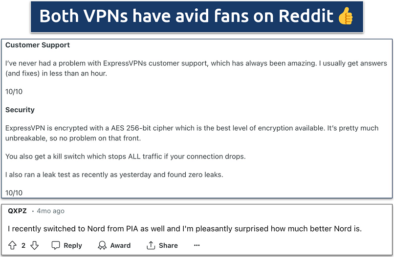 Screenshot showing positive feedback on Reddit for ExpressVPN and NordVPN
