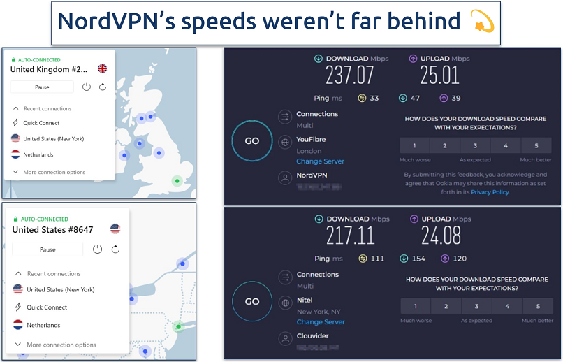 Screenshot showing the NordVPN app alongside online speed tests
