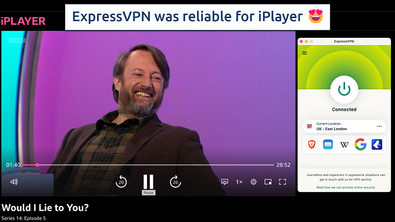 Screenshot showing the ExpressVPN app over a browser streaming BBC iPlayer
