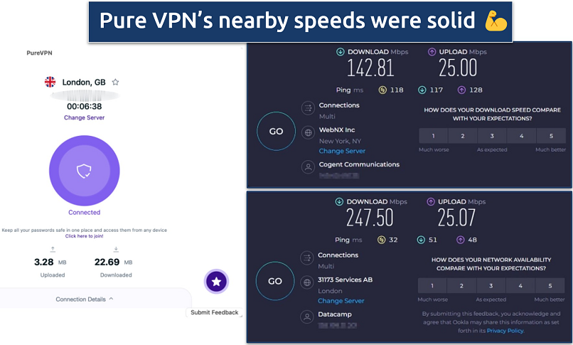 Screenshot showing the Pure VPN app over an online speed test