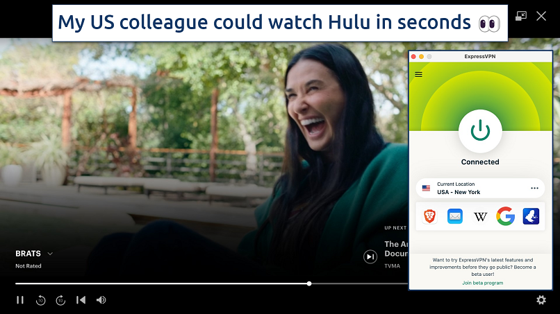Screenshot showing the ExpressVPN app over a browser streaming Hulu