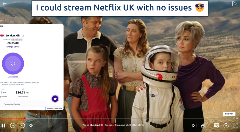 Screenshot showing the Pure VPN app over a browser streaming Young Sheldon on Netflix UK