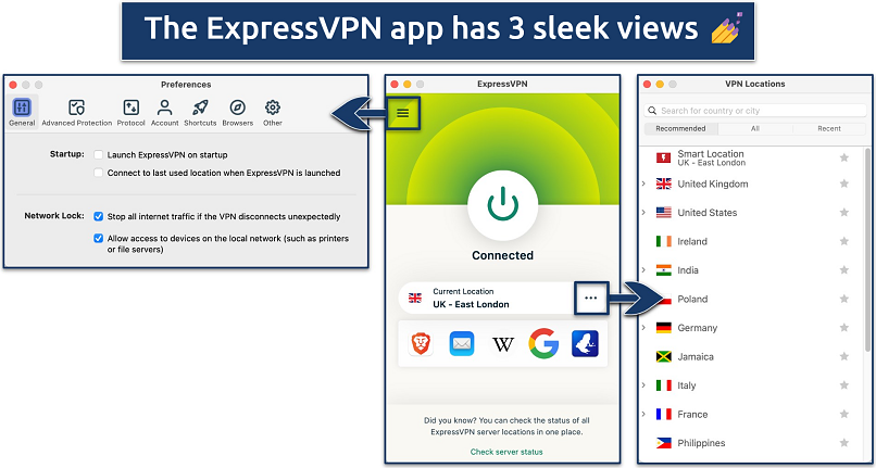 Screenshot showing the 3 main views of the ExpressVPN app