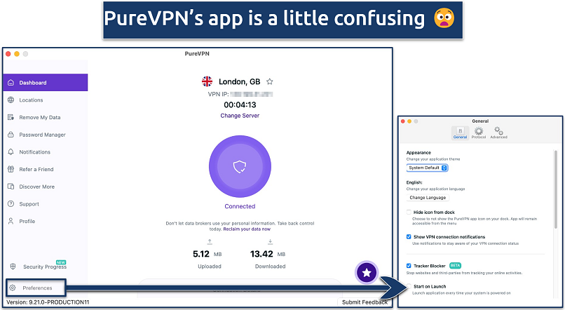 Screenshot showing the 2 main views of the PureVPN app