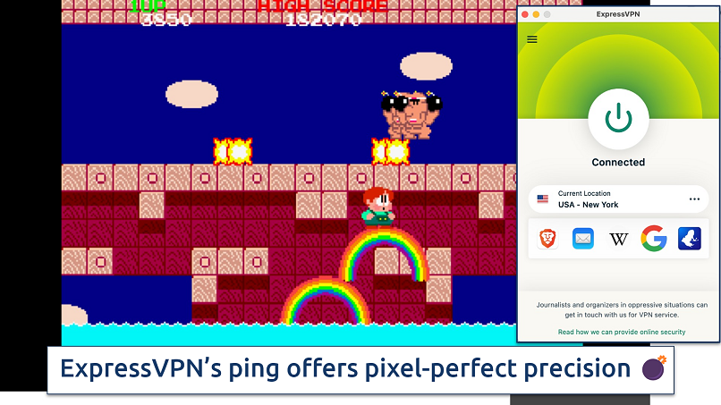 Screenshot showing the ExpressVPN app over an online retro game
