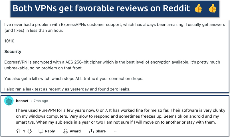 Screenshots of Reddit reviews for ExpressVPN and PureVPN