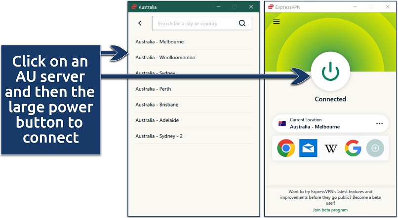 Screenshot of ExpressVPN's Windows app with servers in Australia