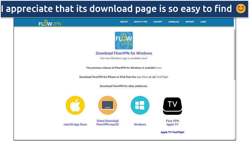 Screenshot of FlowVPN's download page highlighting the app for Windows 