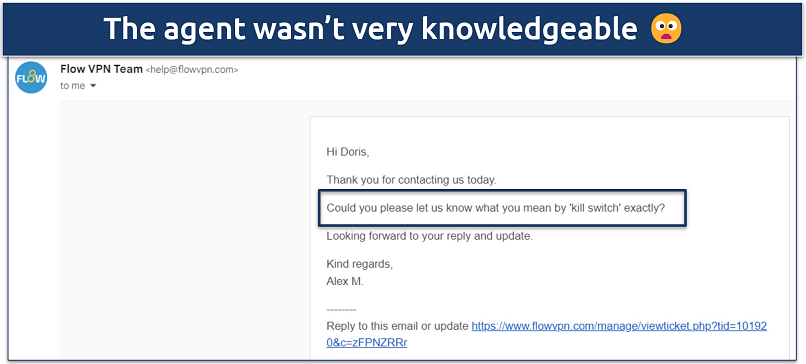 Screenshot of FlowVPN's customer support email response
