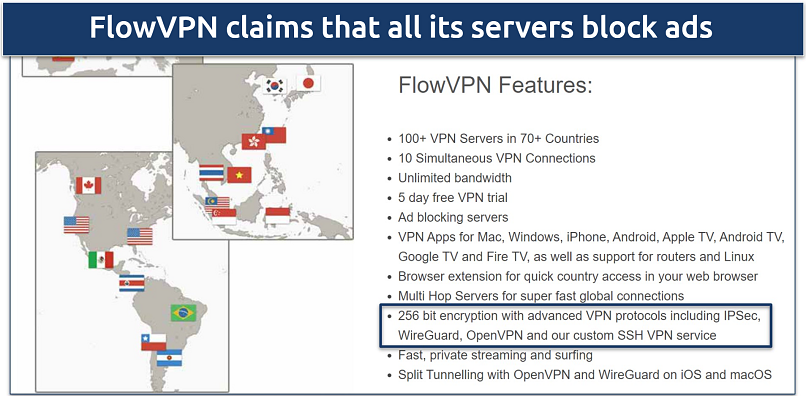 Screenshot of FlowVPN's list of features