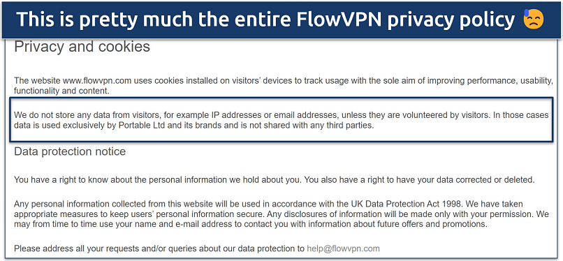  Screenshot of FlowVPN's privacy policy showing the data it collects