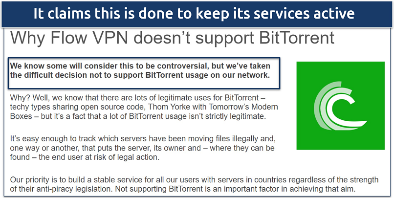 Screenshot of a page on FlowVPN website confirming that torrenting is banned