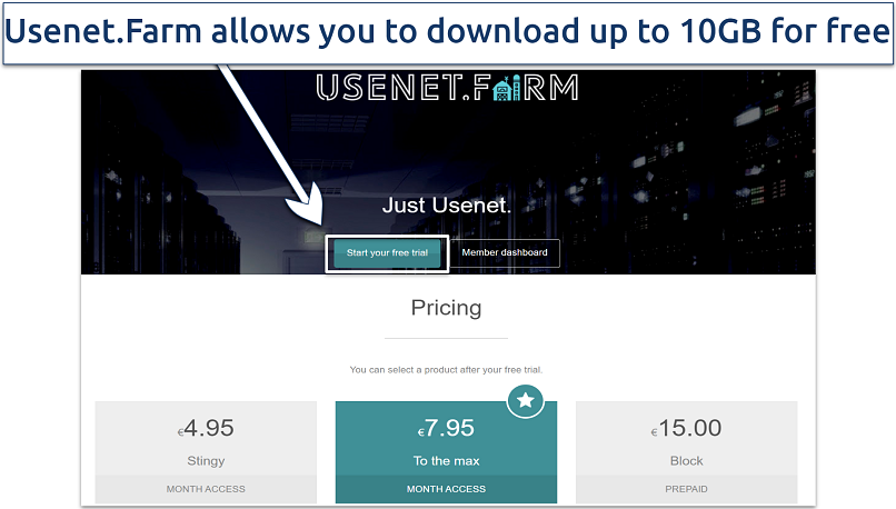 Screenshot showing Usenet.Farm free trial and pricing