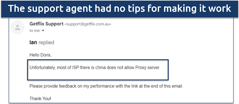 Screenshot of an email response confirming that it doesn't work in China
