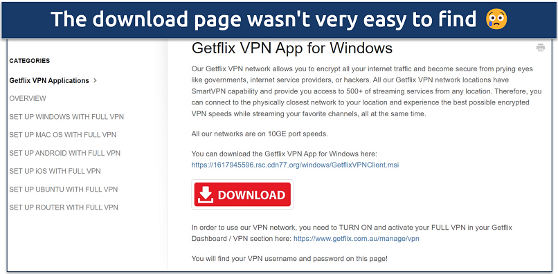 Screenshot of GetFlix's download page highlighting the app for Windows