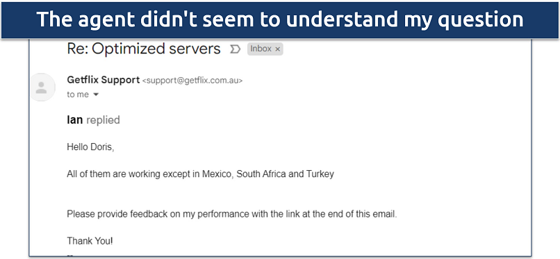 Screenshot of an email response from GetFlix customer support