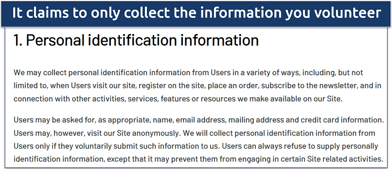 Screenshot of GetFlix's privacy policy showing the data it collects