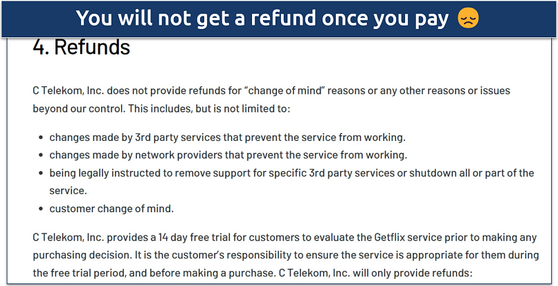 Screenshot of a page on GetFlix website showing its refund policy