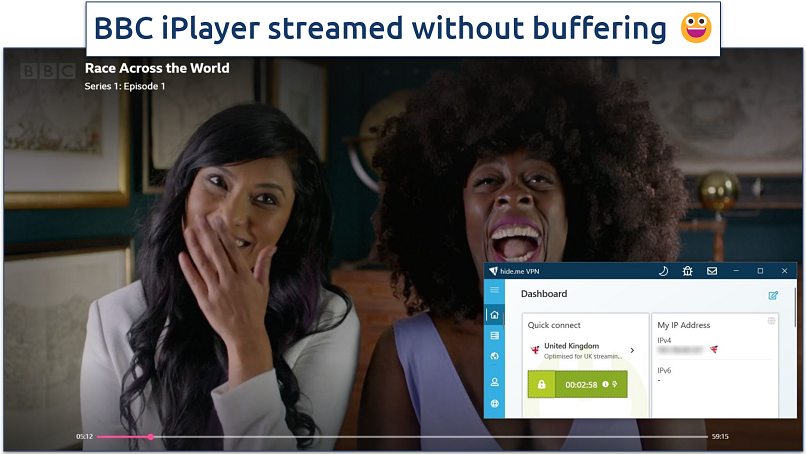 A screenshot of BBC iPlayer streaming Race Across the World while connected to hide.me's streaming-optimized UK server