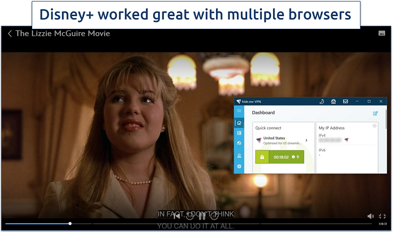 A screenshot of Disney+ streaming The Lizzie McGuire Movie while connected to hide.me's streaming-optimized US server