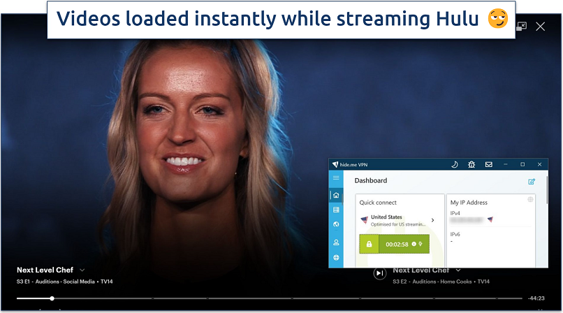 A screenshot of Hulu streaming Next Level Chef while connected to hide.me's streaming-optimized US server