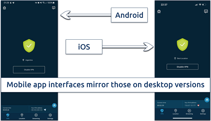 A screenshot showing that the interface of hide.me's mobile apps mirrors that of its desktop counterparts.