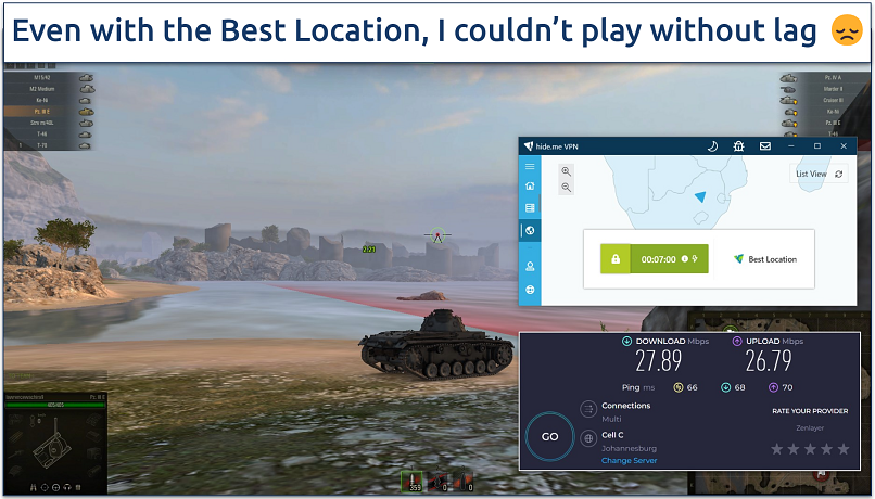 A screenshot showing playing World of Tanks (WoT) while connected to hide.me's fastest server